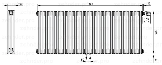 Схема (чертеж) Радиатор Zehnder Charleston 3090/29 №V008 Белый глянцевый RAL 9016